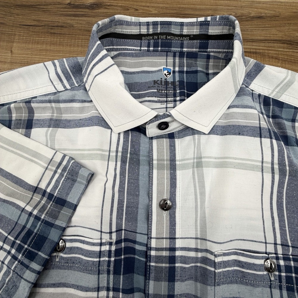 Kuhl Mens Medium Response Blue Plaid Short Sleeve Tapered Fit Button Up Shirt